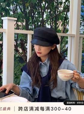 Vva Kataki芝士商店~韩版黑色羊毛呢报童帽女秋冬复古帽子画家贝