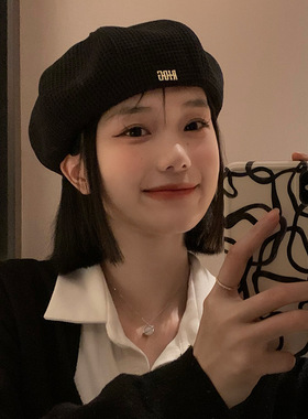 Vva Kataki黑色甜酷贝雷帽女秋冬日系大头围蓓蕾画家帽ins网红显