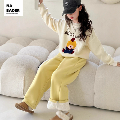 女童加绒裤子2025新款冬季女大童加厚运动卫裤一体绒阔腿裤初中生