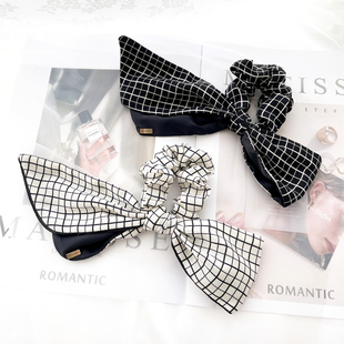 千金发饰复古黑白格子大肠圈女蝴蝶结发圈发绳皮筋飘带盘发头饰品