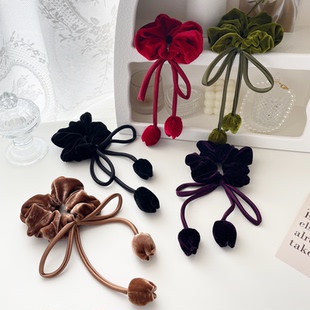 法式 丝绒发圈大肠圈高级感郁金香飘带发绳皮筋蝴蝶结头饰发饰头绳