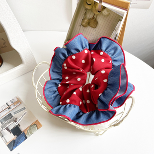 牛仔波点花边大肠发圈法式 复古发饰丸子头饰少女扎头发绳马尾头绳