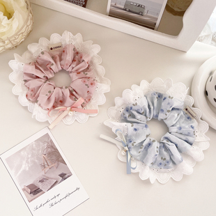 原创手工发饰春日蓝色花边发圈花朵大肠圈发绳盘发丸子头饰女皮筋