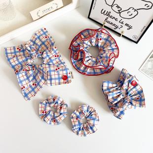 蓝色樱桃格子方巾大肠发圈原创手作发饰少女发绳马尾头饰丸子头绳