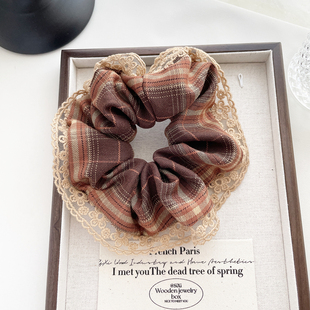 美式 皮套扎丸子头 格子大肠发圈花边秋冬美拉德扎马尾发绳2024新款