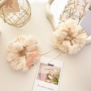 春日新款 发饰甜美柔和桃色发圈雪纺花边大肠圈蝴蝶结发绳头饰皮筋