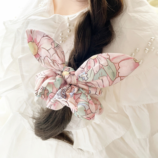 原创手作发饰甜美兔耳朵发圈森系少女花朵大肠圈发绳头饰马尾皮筋