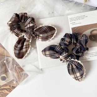 复古格纹蕾丝蝴蝶结大肠发圈女兔耳朵发绳日系森女发饰丸子头饰品
