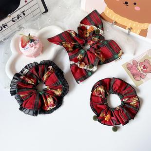 原创发饰圣诞格子大肠圈女方巾发圈韩国ins发绳丸子头饰红色头绳
