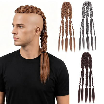 复古维京编织脏辫子假发Men's Wig Viking Punk Biker Ponytail