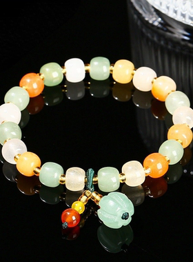 小清新甜美玉石手链女天然三色彩玉老形珠手串南瓜手链民族风配饰