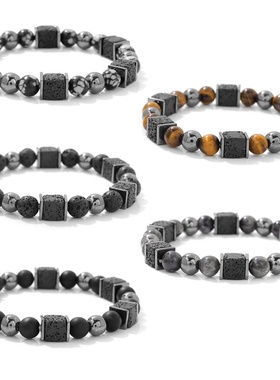 爆款8mm虎眼石弹力手链方块设计火山石手串个性潮流百搭手链饰品