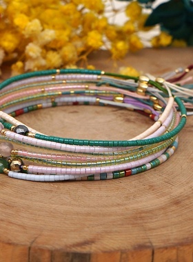 波西米亚风半宝石串珠手链彩色幸运石米珠可调节手串情侣叠戴手绳