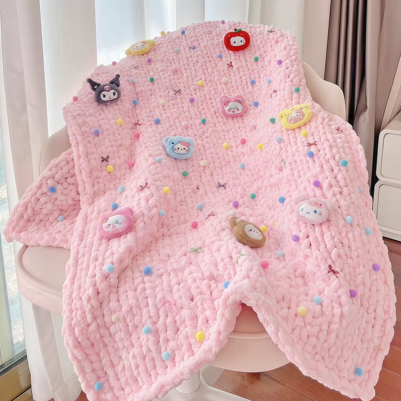 【手工成品现货】可爱kitty彩色毛球手工编织芝士毯子沙发毯礼物