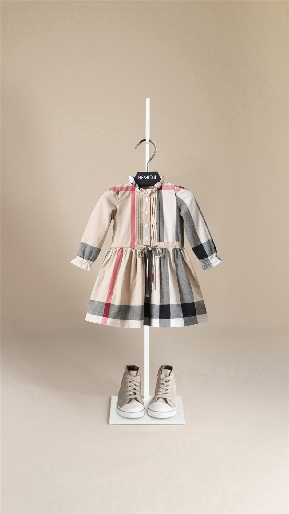 女童纯棉英伦风公主裙儿童长袖修身连衣裙宝宝格子裙春秋打底裙子