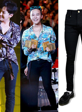 权志龙GD刘宇宁同款裤子黑色膝盖刀割乞丐破洞牛仔裤修身小直脚男