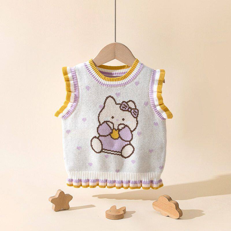 A类全棉女宝宝毛线马甲婴幼儿针织背心外穿女童毛衣坎肩可爱猫咪