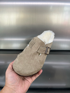 勃肯鞋女2024au8056秋冬加绒毛毛拖鞋真皮厚底包头半托棉拖鞋子