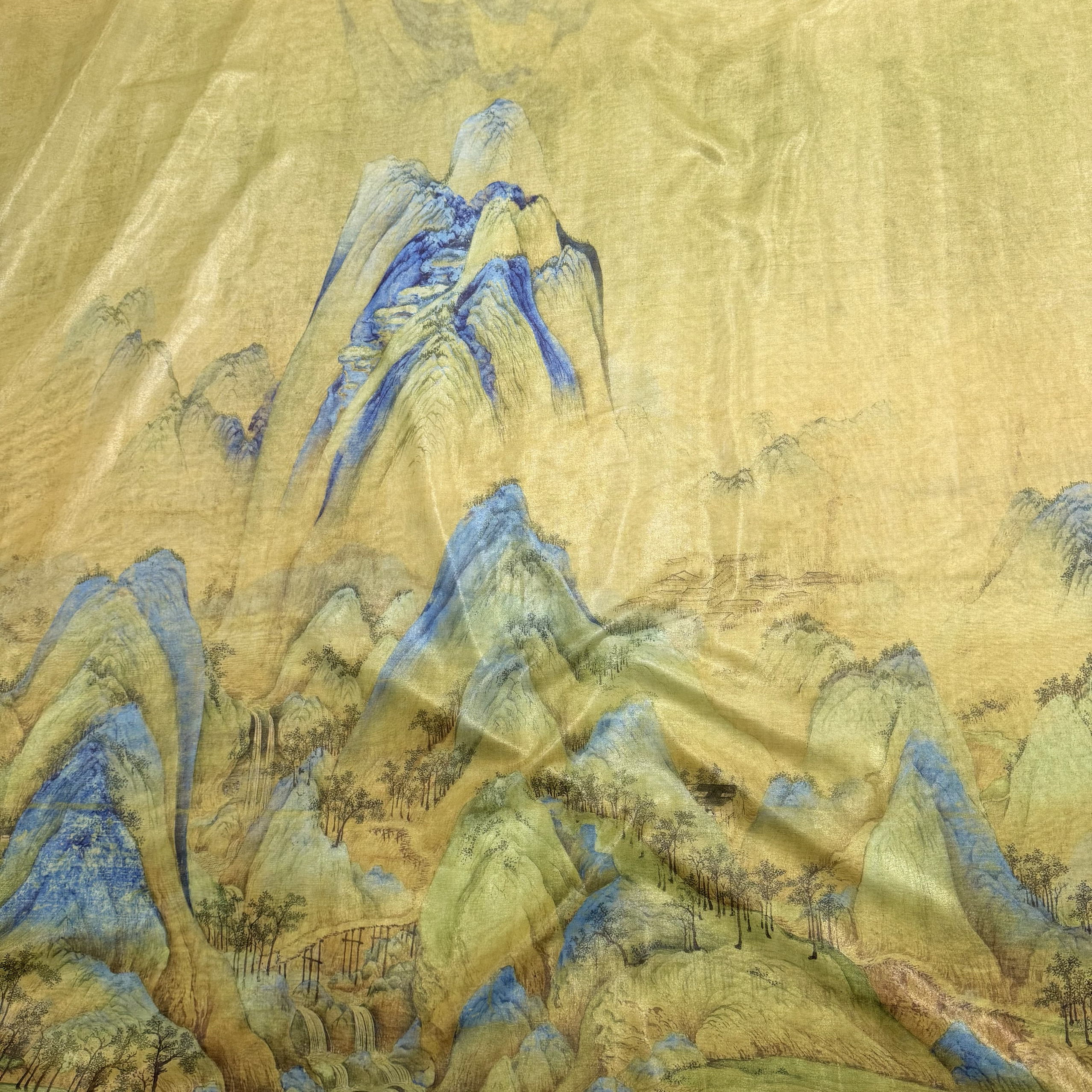 千里江山明制披风大袖衫日常汉服褶裙印花钻石雪纺布面料自制DIY