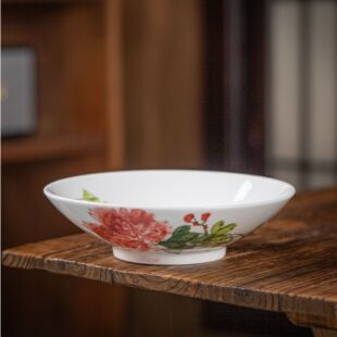 田园风汤盘釉下彩家用碗汤碗中式牡丹花盘子手绘小红花