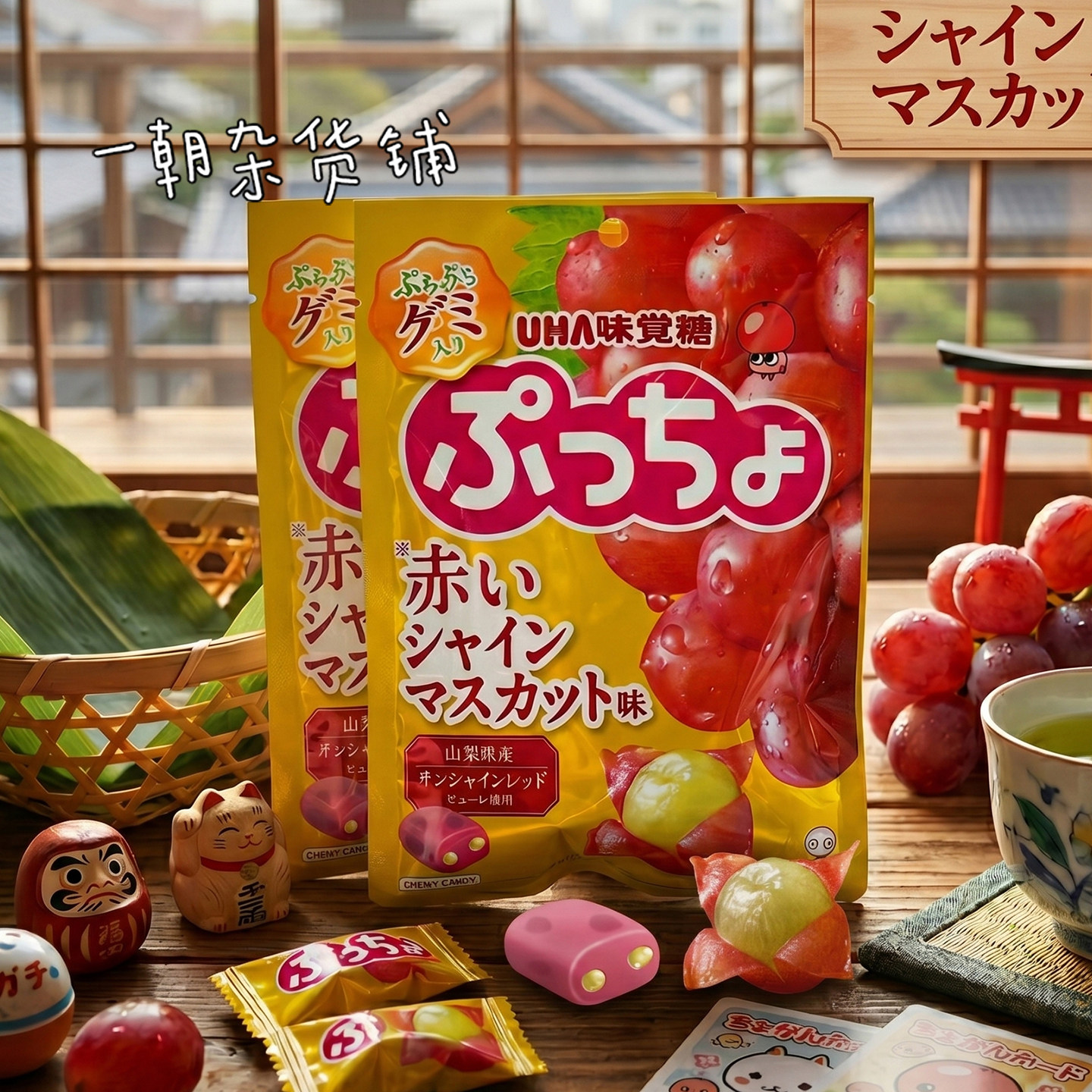 日本进口零食UHA味觉糖 红阳光玫瑰葡萄味软糖柔软夹心糖果含脆粒