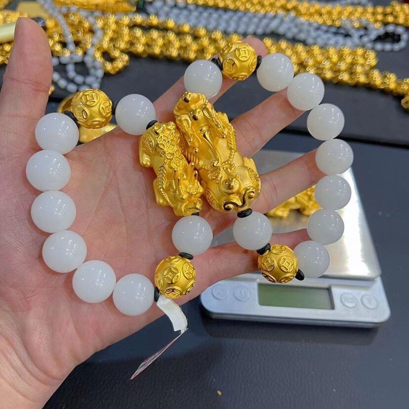 白玛瑙石手链男锡金貔貅大手串招财皮丘金珠金店同款手链高档手饰