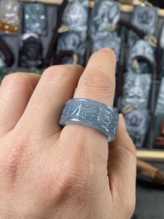 天然a货方戒翡翠六字真言戒指立体手雕梵文字体玉石扳指男女素圈