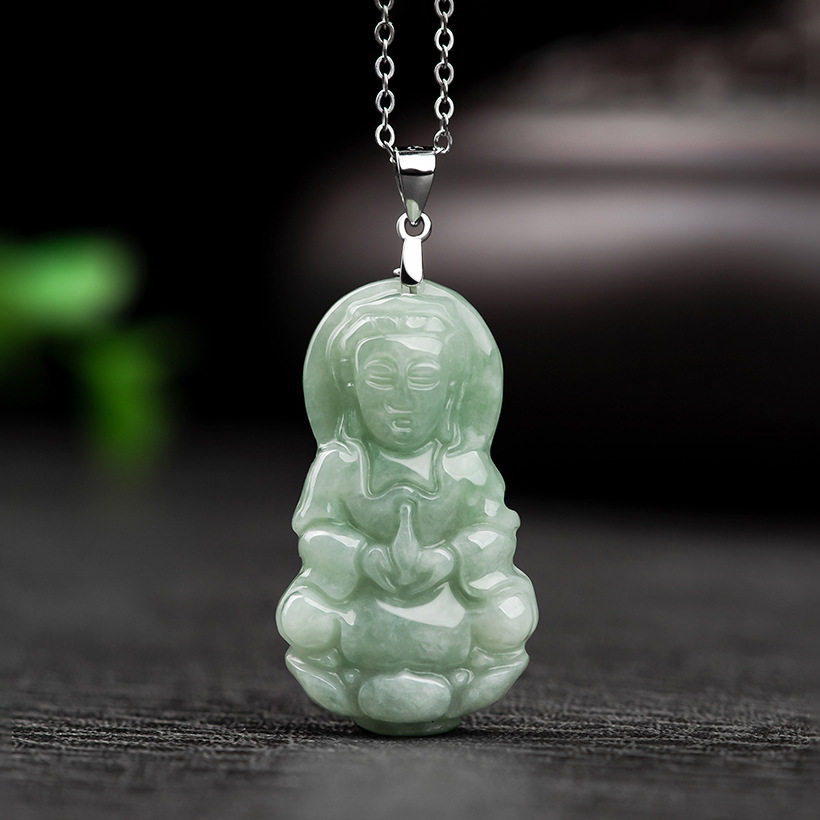 天然缅甸a货翡翠豆种小观音佛像吊坠配925银镶链子小孩玉挂件玉坠