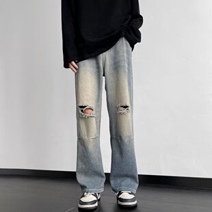 高街vibe宽松直筒春秋大码 松紧腰抽绳破洞牛仔裤 男款 美式 子 胖子裤