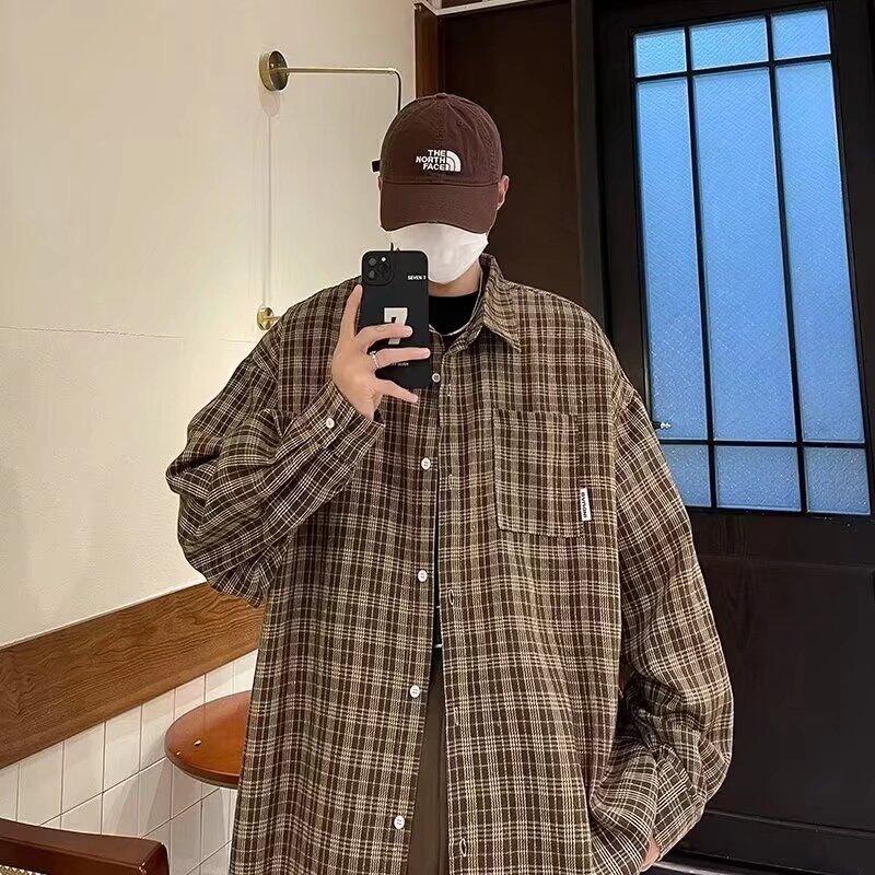 潮青少年黑色长袖格子衬衫男秋季衬衣外套常规标准文艺新款潮流