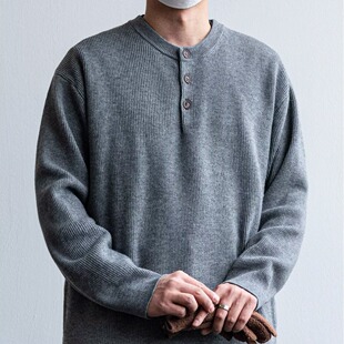 亨利领针织毛衣男灰色韩系Clean宽松百搭长袖上衣极简风