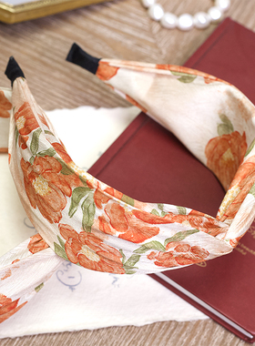 《橙染花相》橙色水彩晕染发箍不勒头宽边头箍碎花温柔发饰品原创