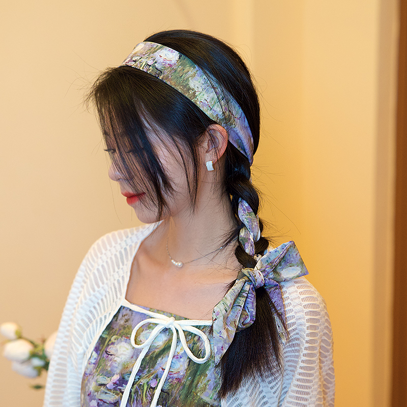 莫奈油画紫色睡莲加长编发带
