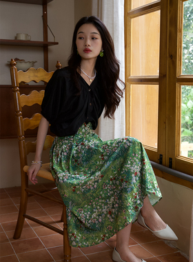 [莫奈花园绿色]半身裙松紧高腰修身碎花百褶大摆伞裙搭配春夏秋