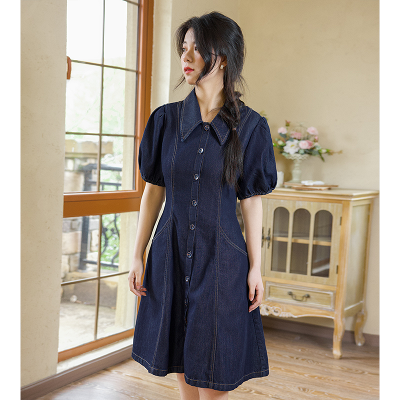 简约百搭口袋牛仔短袖连衣裙通勤