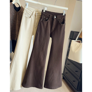 加绒加厚咖啡色微喇牛仔裤女冬季新款梨形身材高腰弹力显瘦阔腿裤
