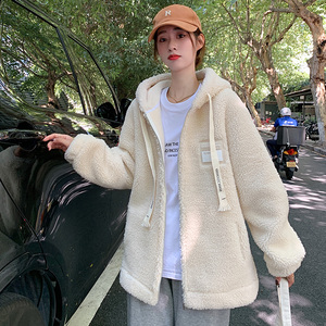 羊羔绒卫衣女2023新款加绒加厚冬季羊羔毛连帽加厚秋冬开衫外套潮