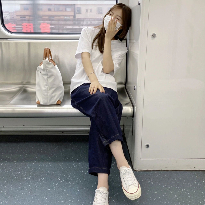 苗象◇清爽日系穿搭~2件套装纯棉白色t恤 阔腿裤九分宽松牛仔裤女