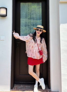 金苏一 100苎麻刺绣衬衫夏季韩版气质长袖防晒上衣红色全亚麻短裙