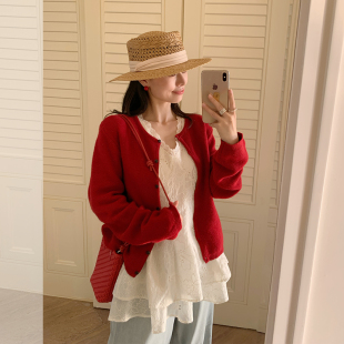 红色羊毛针织衫 毛衣开衫 女2026春季 长袖 小个子外套潮 韩版 金苏一