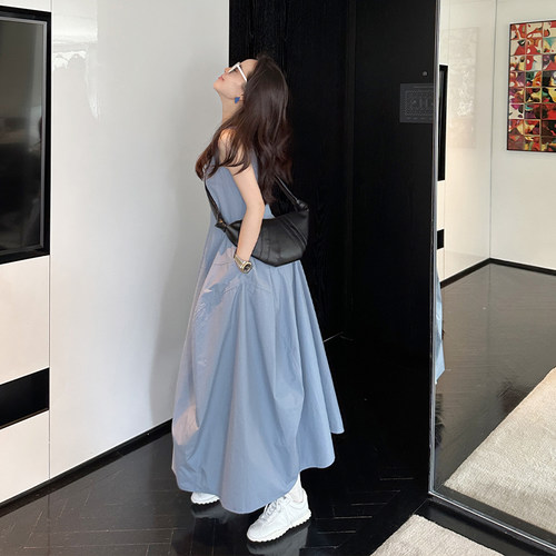 金苏一 雾蓝色大裙摆长裙女2025夏季韩版宽松无袖连衣裙chic裙子