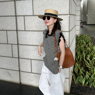 金苏一 黑白格子亚麻衬衫女2026夏季韩版小个子拼接飞飞袖上衣潮