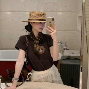 气质百搭T恤chic显瘦上衣 2026春夏韩版 金苏一 荔枝猫咪印花短袖