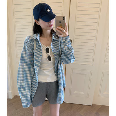 金苏一 蓝格子衬衫2026春夏韩版宽松长袖防晒薄款外套chic上衣潮