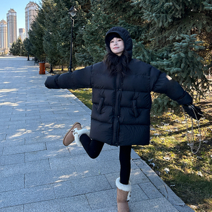 泡芙羽绒服韩版 连帽中长款 宽松加厚90白鸭绒面包服潮 冬季 金苏一