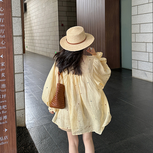 金苏一 黄色100苎麻波点刺绣衬衫女2026夏季韩版薄款长袖防晒上衣