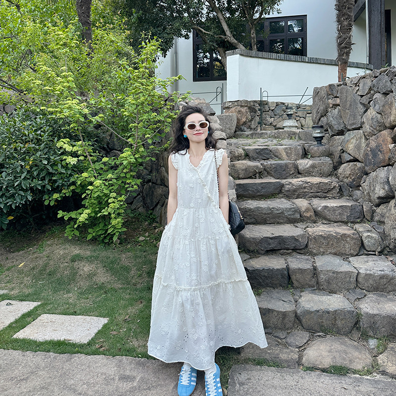 金苏一 立体花朵连衣裙2025夏季韩版宽松飞飞袖温柔长裙chic裙子