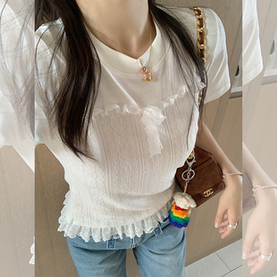 收腰显瘦小个子纯色打底上衣 蕾丝T恤2026春秋韩版 金苏一 白色短袖