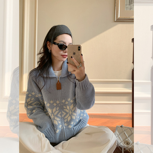 韩版 冬季 宽松粗棒针织毛衣外套潮 蓝色羊毛雪花费尔岛开衫 金苏一