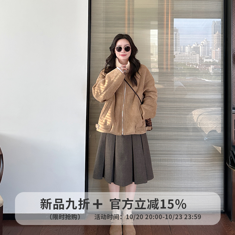 金苏一 20号晚8点九折上新 100羊毛立领卡其色麂皮毛毛棉衣